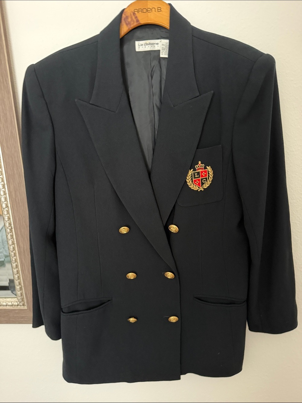 Liz Claiborne Black Double-Breasted Crest Sport Coat with Gold Buttons